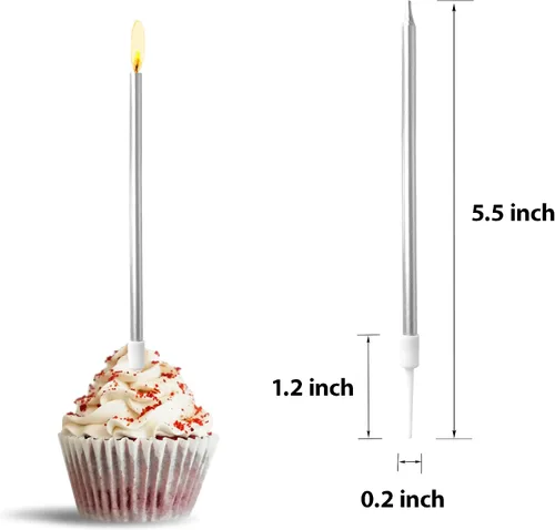Vista 3 de 24 velas largas y delgadas plateadas para tartas, velas metálicas para tartas en soportes para cupcakes, bodas, fiestas, tartas, cumpleaños