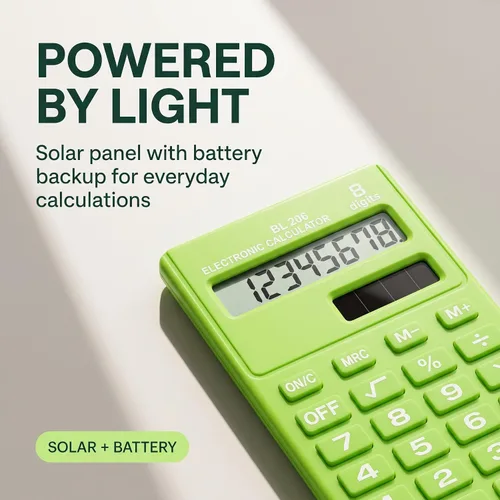 Vista 7 de Calculadoras estándar básicas verdes, mini calculadora digital de escritorio con pantalla LCD de 8 dígitos, calculadora inteligente de energía solar