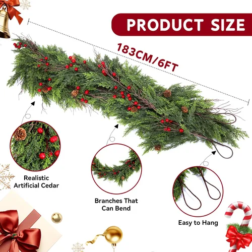 Vista 7 de ENVEN Guirnalda de Navidad de cedro sintético con bayas rojas y conos de pino, vegetación de invierno sintética completa para repisas navideñas