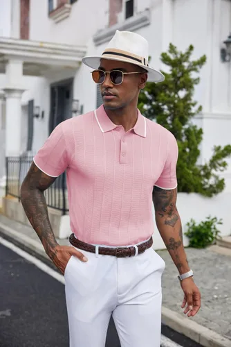 Vista 88 de COOFANDY Camisas polo de punto para hombre de manga corta con textura acanalada Camisas de golf casuales y ligeras con cuello Camiseta de polo