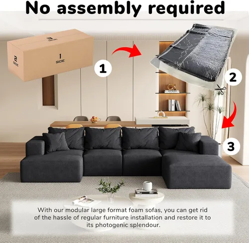 Vista 4 de Sofá de nube de gran tamaño de 132 pulgadas, sofá modular tapizado con 6 almohadas, sofás de felpilla de asiento profundo para sala de estar Negro