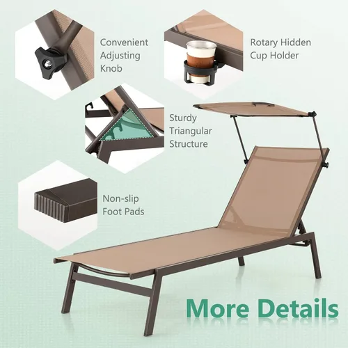 Vista 8 de COSTWAY Tumbona para exteriores con sombrilla reclinable ajustable de 6 niveles para patio trasero