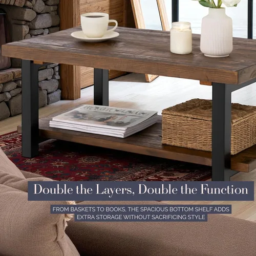 Vista 5 de Pomona - Mesa auxiliar rectangular de madera maciza de 42 pulgadas con estante de almacenamiento y patas de metal, mesa rústica industrial para sala