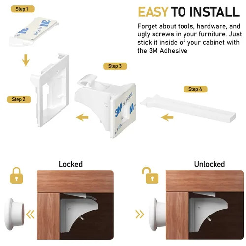 Vista 9 de BABY PROOF ME Paquete de 24 cubiertas de salida con 12 cerraduras magnéticas para gabinete y 6 cerraduras de correa de seguridad para seguridad