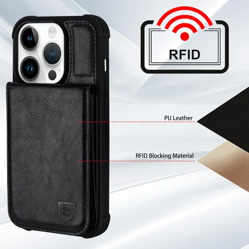 Vista 6 de VANAVAGY Funda tipo cartera compatible con iPhone 14 Pro Max para mujeres y hombres, de piel sintética, cierre magnético, con bloqueo RFID Negro