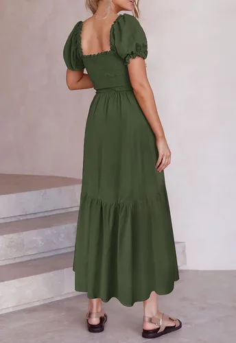 Vista 5 de ZESICA - Vestido de verano largo para mujer, diseño acampanado con cuello cuadrado y volantes, estampado floral y bohemio, para la playa