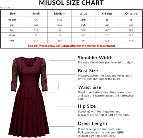 Vista 6 de Miusol Vestido de cóctel de manga 23 con cuello cuadrado y encaje floral para mujer