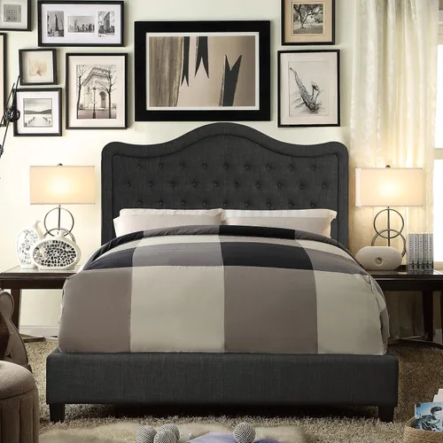 Vista 8 de Rosevera Grayson - Cama de cabecera ajustable con poliéster fino y acolchado de botones para dormitorio, matrimonial, color ceniza