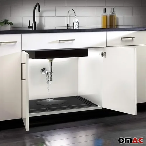 Vista 7 de OMAC 2 alfombrillas para debajo del fregadero para cocina y baño, 34 x 22 pulgadas, ajustable, impermeable, protector de gabinete para goteos 2 x