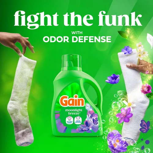 Vista 3 de Gain Detergente líquido para ropa con defensa del olor, aroma Moonlight Breeze, jabón de lavandería para lavadoras HE, 60 onzas líquidas, 45 cargas