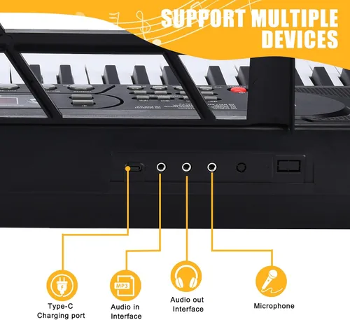 Vista 3 de Piano de teclado de 61 teclas con soporte, kit de teclado de piano eléctrico portátil para principiantes con soporte, micrófono, calcomanías