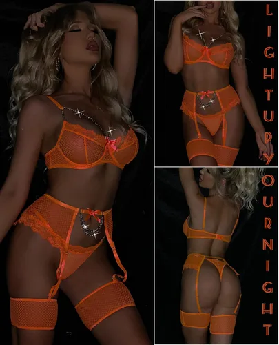 Vista 6 de Avidlove Conjunto de liguero para mujer, lencería sexy de malla con aros, 4 piezas, brasier de cadena S-XXL