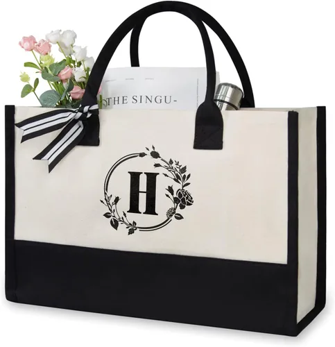Vista 218 de TOPDesign Personalized Initial Canvas Beach Bag, Monogrammed Gift Tote Bag for Women