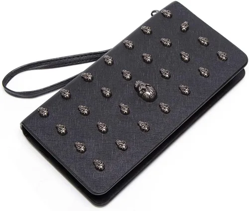 Vista 4 de Cartera de cuero gótica unisex con tarjetero punk, Billetera Y2k Billeteras de gran capacidad con cremallera, Vintage