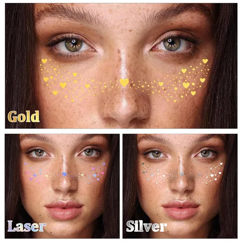 Vista 2 de 24 piezas de tatuajes faciales con purpurina facial, parches de maquillaje con purpurina corporal, parches de manchas brillantes, accesorios
