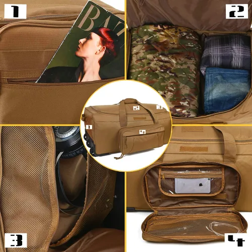 Vista 6 de Bolsa de despliegue militar con ruedas tácticas de camuflaje resistente, Coyote, L, Equipaje y equipo de viaje