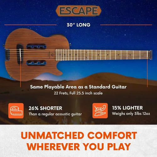 Vista 5 de Traveler Guitar Escape Mark III - Guitarra acústica de caoba Acústica portátil con amplificador de auriculares integrado Guitarra sin cabeza a