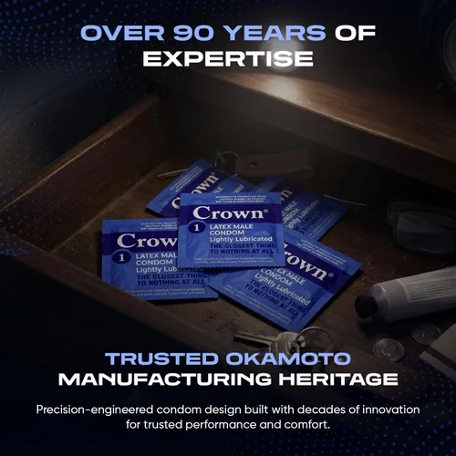 Vista 5 de Crown Condones — 50 unidades — Condones de látex lubricados — Más sedosos, más delgados y más fuertes (paquete de 50) Lubricado, látex, más