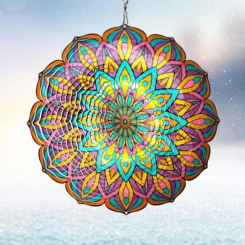 Vista 17 de Mandala Blossom Wind Spinner - Molinillos de Viento de Metal Escultura de Viento Colgante Cinética 3D de 12 pulgadas Cortada con Láser