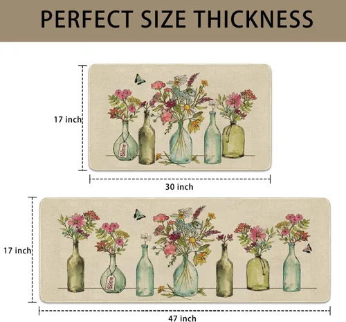 Vista 3 de Juego de 2 tapetes y tapetes de cocina con diseño floral de primavera, diseño floral de acuarela para piso, decoración de fregadero de cocina