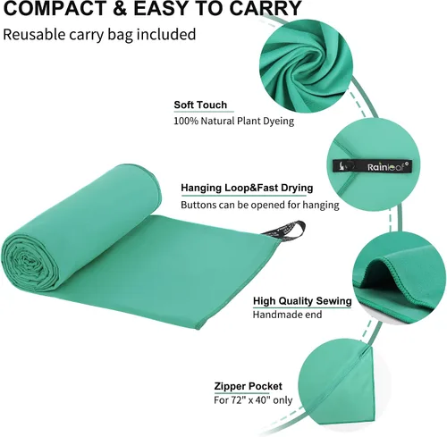 Vista 3 de Toalla de microfibra Rainleaf perfecta para viajes y gimnasio y camping. Secado rápido - Super absorbente - Ultra compacta - Liviana. Adecuada