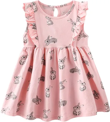 Vista 7 de Vestido para niñas pequeñas, de manga corta, casual, de algodón, básico, para jugar Conejito