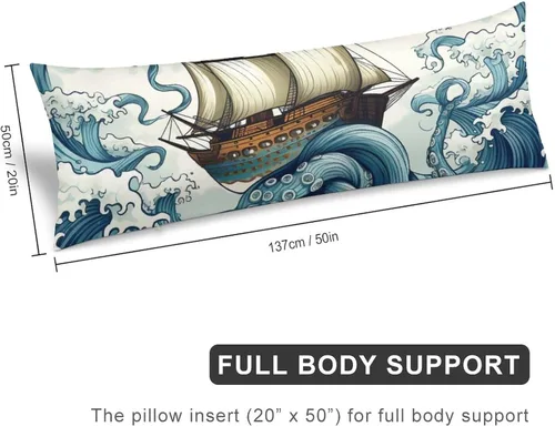 Vista 2 de Funda de almohada corporal de pulpo con barco, vela vieja en olas del océano, funda de almohada corporal de 20 x 54 pulgadas, funda de almohada