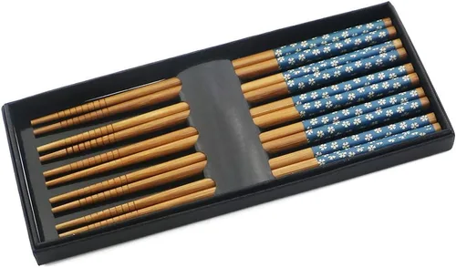 Vista 9 de Juego de 5 pares de palillos de bambú, reutilizables, estilo japonés, antideslizantes, juego de palillos clásicos de bambú natural, aptos