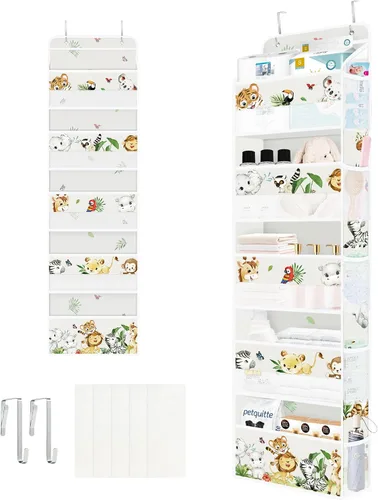 Vista 9 de Clastyle Organizador sobre la puerta del alfabeto de animales, diseño de león, mono, 5 estantes, armario, guardería, estantes colgantes, ropa