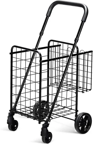 Vista 4 de Goplus Carrito Plegable de Compras de Utilidad, Cesta Doble y Ruedas Giratorias de 360°, Mango Ajustable, Carrito Pequeño Perfecto para Comestibles