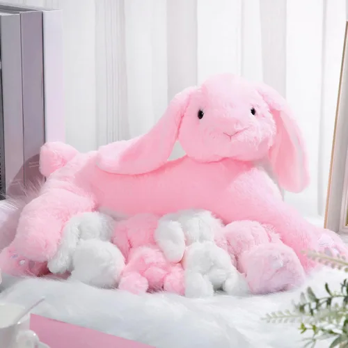 Vista 5 de Libima 5 juguetes de peluche de conejo de enfermería, color rosa de 15 pulgadas, suave, con 4 conejos magnéticos para bebé, conejito de peluche