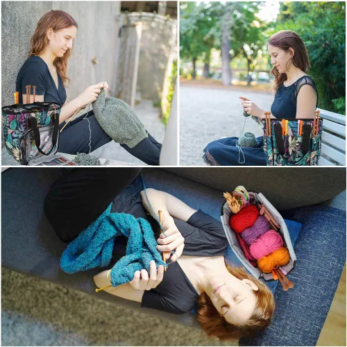 Vista 7 de Coopay Bolsa de ganchillo y tejer, organizador de viaje para manualidades, ganchos, agujas, madejas, pintura de diamantes, suministros (verde bosque)