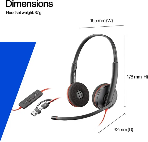 Vista 6 de Poly Blackwire 3220 - Auriculares con cable con micrófono, sonido estéreo de alta fidelidad, micrófono con cancelación de ruido, diseño estéreo, se