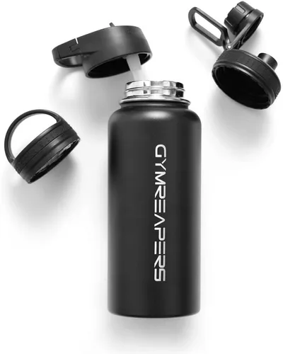Vista 10 de Gymreapers Botella de agua aislada - Acero inoxidable 32 oz, 3 tapas (pajita, trago, cantimplora), aislamiento al vacío de doble pared, taza térmica