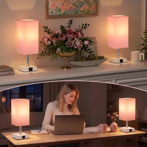 Vista 8 de Juego de 2 lámparas de mesa táctiles para dormitorio, regulables, USB C+A Rosa y blanco (2 piezas)