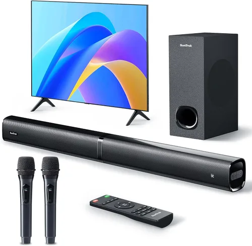 Vista 10 de Barra de sonido con subwoofer para TV, sistema de altavoces Bluetooth 5.3 con 2 micrófonos inalámbricos de karaoke, audio de sonido envolvente