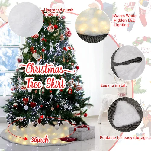 Vista 3 de Lewtemi Falda de árbol de Navidad de 36 pulgadas con luz LED, falda de árbol de felpa de piel sintética, falda de árbol de Navidad iluminada, nieve
