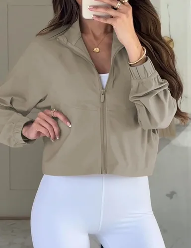 Vista 3 de UANEO Chaqueta deportiva corta para mujer, con cremallera, manga larga, para entrenamiento, gimnasio, yoga, correr, deportes, chaquetas