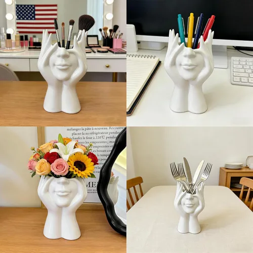 Vista 6 de Soporte decorativo para brochas de maquillaje facial, diseño de escultura de cerámica blanca, 7 x 4.7 pulgadas, organizador de cosméticos