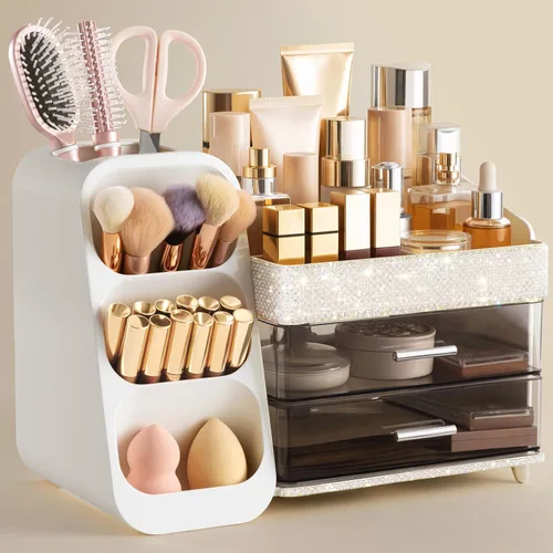 Vista 7 de HBlife Organizador de maquillaje con soporte para brochas para tocador, organizador grande de plástico para tocador de baño, almacenamiento