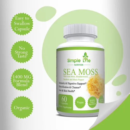 Vista 3 de Cápsulas de musgo marino irlandés orgánico de 1400 mg – Avanzadas con raíz de bardana, vejiga y pimienta negra – Sistema inmunológico, limpiador