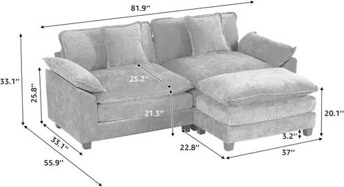 Vista 146 de Sofá seccional modular verde de 111.5", sofás seccionales grandes de 3 plazas para sala de estar, sofá nube oversized de tela chenille con otomana