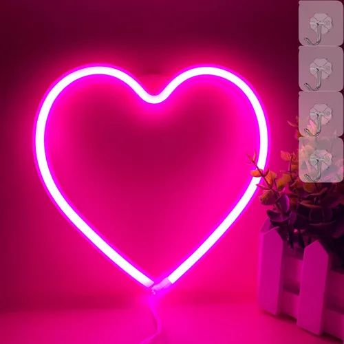Vista 8 de Luces de corazón de neón – Lámpara de corazón LED rosa, decoración para el hogar, regalos colgantes, funciona con USB / pilas para dormitorio, sala
