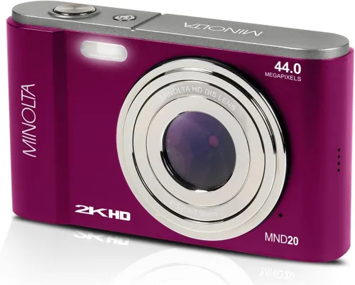 Vista 2 de Minolta MND20 Cámara digital Ultra HD de 44 MP 2.7K con estuche para cámara Slinger (Magenta)