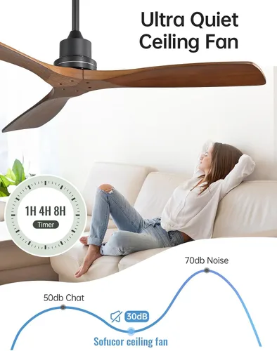Vista 7 de Sofucor - Ventilador de techo inteligente de 52 pulgadas sin luz - Ventilador de techo moderno de madera maciza para exteriores con 3 aspas sin luz