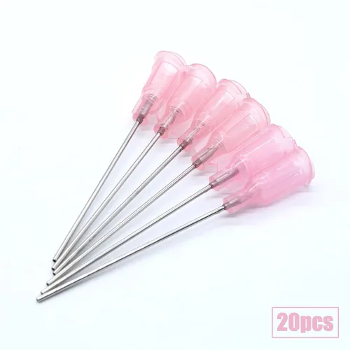 Vista 2 de Paquete de 20 unidades de 20 Ga de 1.5 pulgadas, jeringa de plástico rosa, punta roma, agujas dispensadoras cónicas Luer Lock para uso industrial