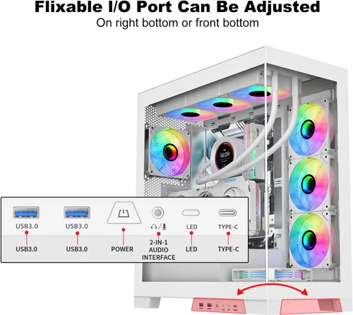 Vista 10 de SAMA NEVIEW 4503 Chasis Mid Tower para PC con paneles de vidrio templado dobles, ventiladores ARGB de 4×120mm preinstalados, chasis ATX de alto
