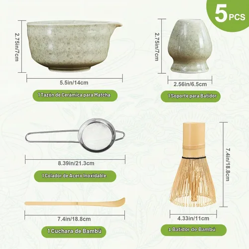 Vista 7 de Juego de 5 batidores de matcha, cuenco de matcha con boquilla, batidor de bambú 100% (Chasen), soporte, tamiz inoxidable, cuchara de té, kit