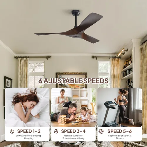 Vista 4 de Sofucor Ventilador de techo de 52 pulgadas sin luz, moderno ventilador de techo de hélice con 3 aspas ABS, motor de CC silencioso, 6 velocidades
