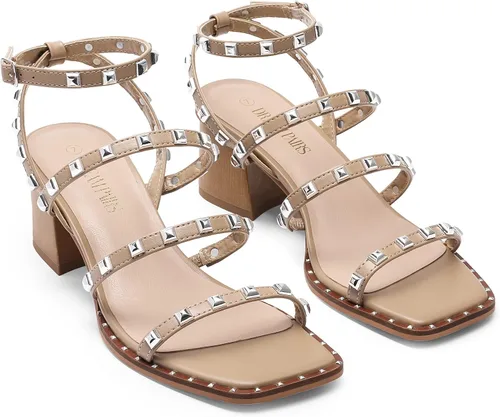 Vista 3 de DREAM PAIRS - Tacones con tachuelas de diamantes de imitación para mujer, tacones gruesos, de punta cuadrada, zapatos de boda, zapatos de tacón